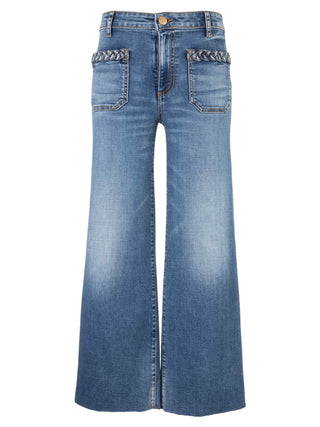 fun and comfortable vintage high rise wide leg denim jeans with cute braid details