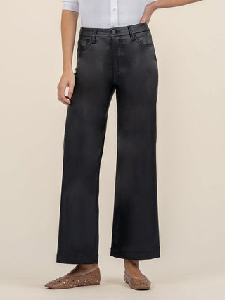 shiny black faux leather style wide leg denim jeans