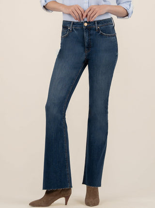 a pair of decent denim high rise flared jeans