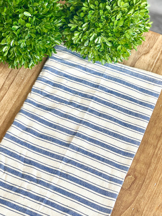 cream and blue striped cotton lake house tea towel