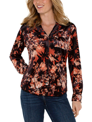 long sleeve burnout velvet orange and black abstract metallic button up shirt