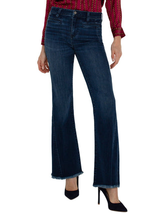 dark wash flare jeans with welt pockets and frayed edges 