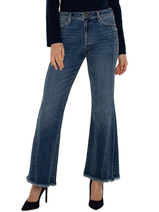 denim jeans with front seam and fray hem detail 