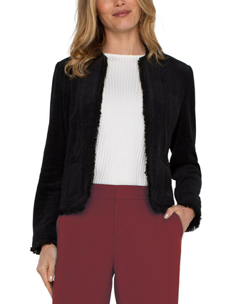 black long sleeve jacket with collarless design frayed edges subtle herringbone texture pleated details and two handy front pockets