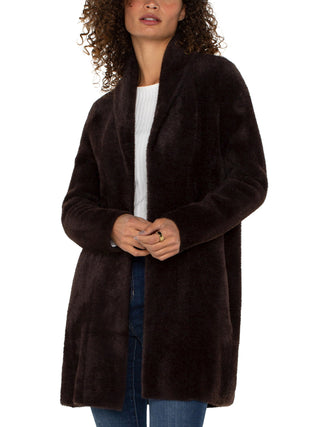 a warm mink brown open front cardigan coat with pockets