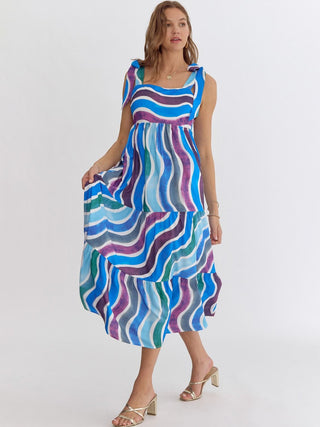 summer feel maxi dress with blue and purple wavy stripes and shoulder ties