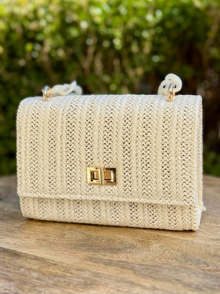 a small chic ivory cream straw mini bag with a marbled chain link handle