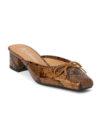 a comfy pair of brown snake embossed leather kitten heel mules with a bow tie detail