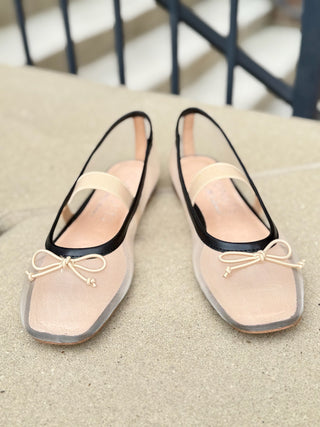 a pair of flattering blush nude sheer mesh ballet flats