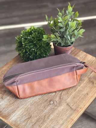 the modern man cognac faux leather travel toiletry bag made of gray canvas