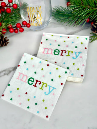 holiday cocktail napkins with polka dots and a merry script