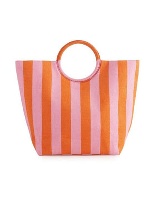 a large orange and pink striped vacation tote bag with a circular handle