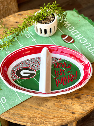 a two section tailgate party platter for georgia bulldog fans with a never lost a tailgate sentiment