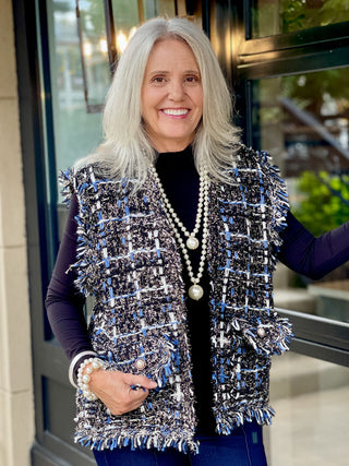 black blue and white eyelash tweed vest with frayed edges and elegant pearl front flap pockets