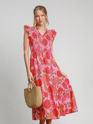 a pink and red floral print ruffle sleeve maxi dress