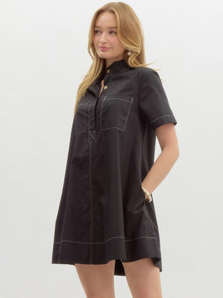 Placket Play Mini Dress - Black