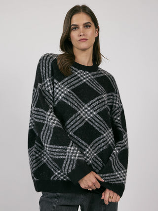 black and white plaid fuzzy crew neck long sleeve sweater