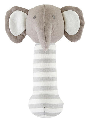 soft gray cotton baby jingle rattle shaped like an elephant