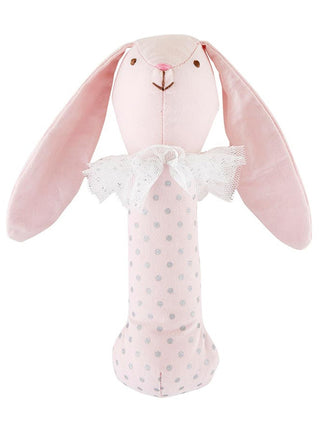 soft pink cotton baby jingle rattle shaped like a bunny