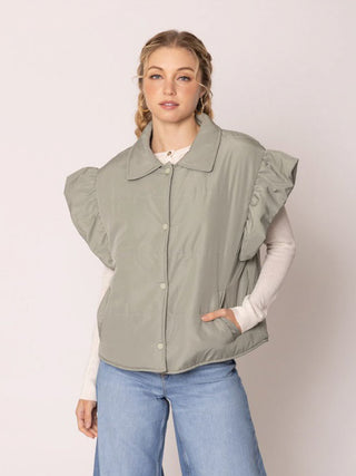 sage puffy vest with ruffle sleeves two front pockets and a button-up design