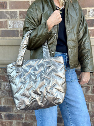 Quilted Elegance Metallic Puffer Tote Bag - Gold