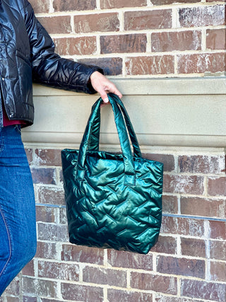 Quilted Elegance Metallic Puffer Tote Bag - Green