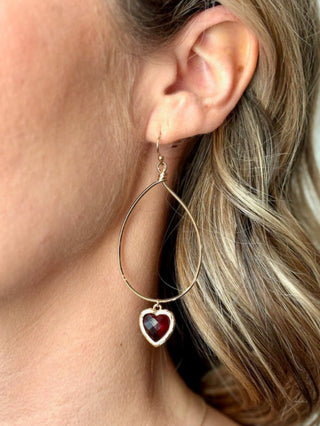 darling ruby red crystal heart dangle earrings in gold