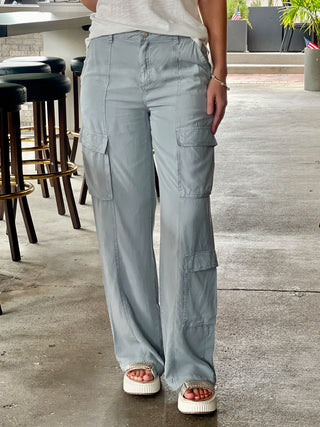stylish and soft light blue gray cargo pants with seven pockets