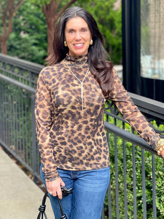 leopard print form-fitted mesh top with a mock neck and semi-sheer long sleeves