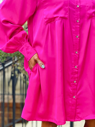 Satin Serene Shirt Dress - Magenta