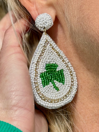 Shamrock Shimmer Patrick's Day Earrings - White/Green