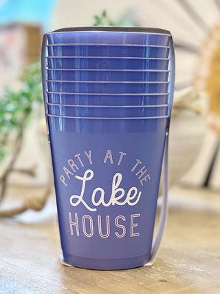 plastic party cups in blue that say party at the lake house