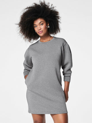 a soft trendy light fabric spanx crew neck dress in a grey color