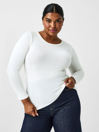 a basic white spanx long sleeve crew neck body skimming top