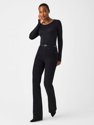 a basic black spanx long sleeve crew neck body skimming top