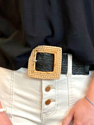 Basket Weave Straw Stretch Belt with Square Buckle