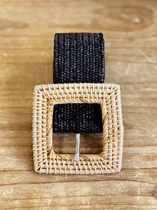 chic black boho basket weave belt with large natural square buckle