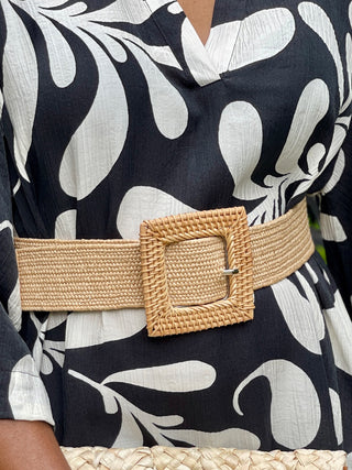 Basket Weave Straw Stretch Belt with Square Buckle