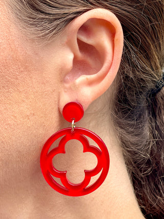 vibrant red resin drop earrings with clover geometric design