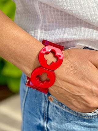 red chunky quatrefoil pattern resign bracelets with stretchy design perfect for spring