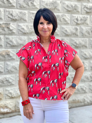 a button front red georgia blouse with short angled sleeves and high collar