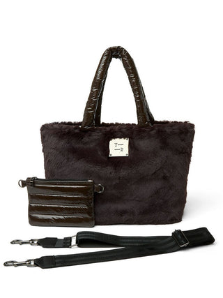 a chocolate brown reversible faux fur tote bag with a shiny quilted side