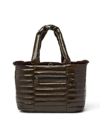 a chocolate brown reversible faux fur tote bag with a shiny quilted side