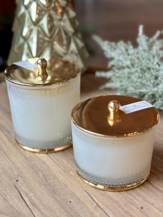 frosted wood grain candles with golden lid