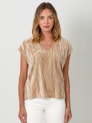 a simple sand velvet cupro v neck t shirt with side slits