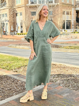 Roma Flow Dolman V-Neck Maxi Dress - Army Green