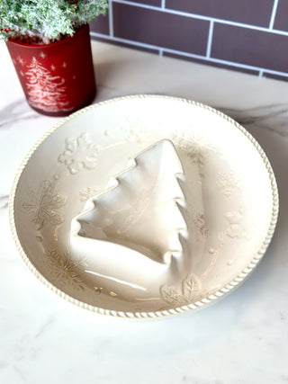 a holiday chip and dip set with a ceramic snack christmas tree bowl