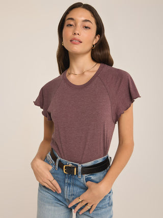 a soft and simple cocoa berry jersey knit top with short flutter sleeves