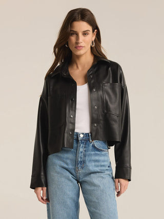 black cropped vegan leather long sleeve button front jacket and patch pockets