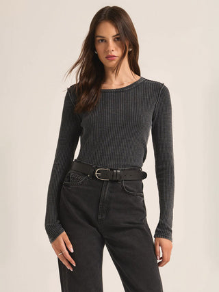 black lightweight crew neck long sleeve top with raw edge detail 